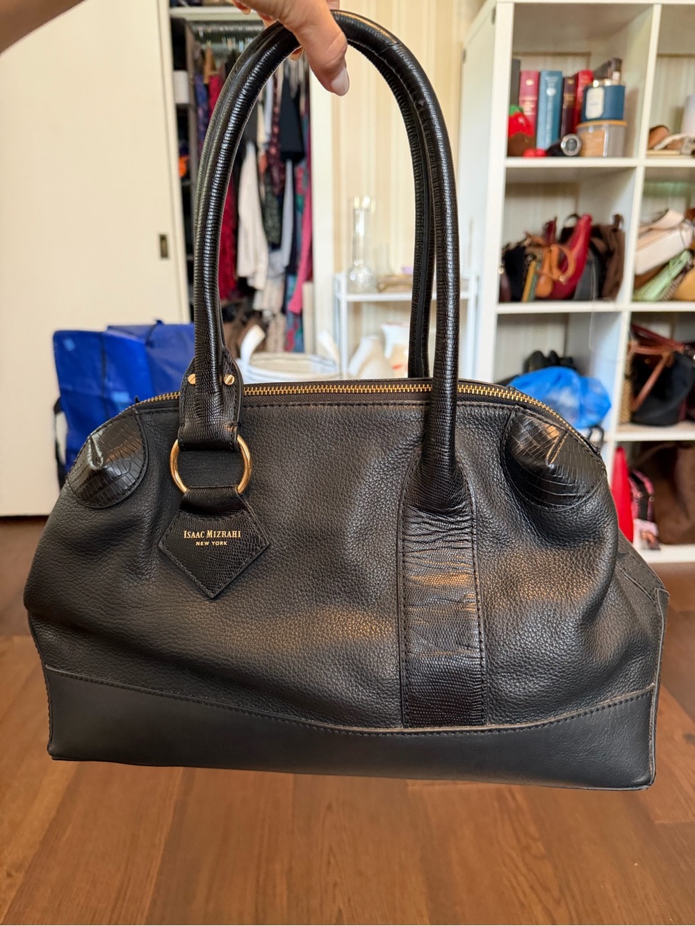 Isaac Mizrahi Black Pebble Leather Satchel with Gold Hardware